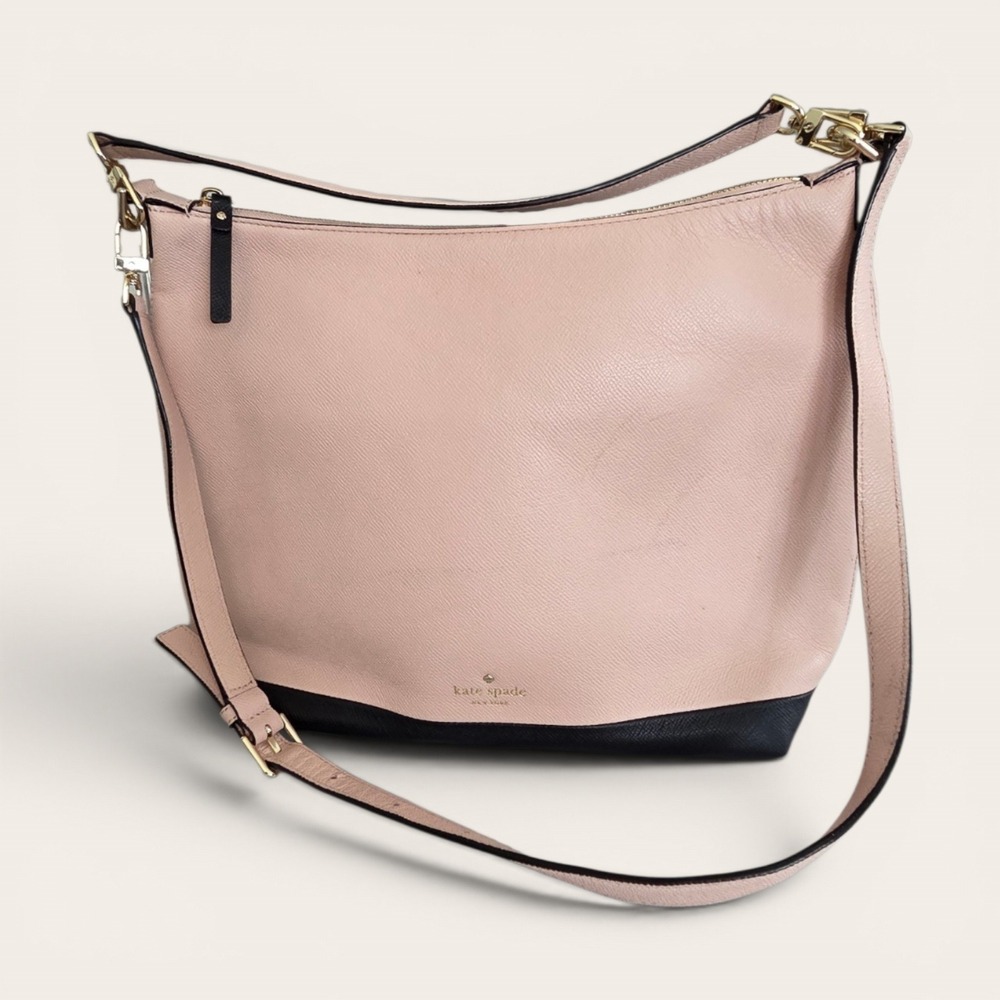 Kate Spade‎ New York Pink Black Leather Hobo Crossbody Bag PXRU5489